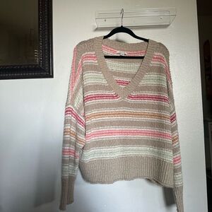 American Eagle Oversized Sweater Beige & Pink Striped V-Neck Women's XL X-Large